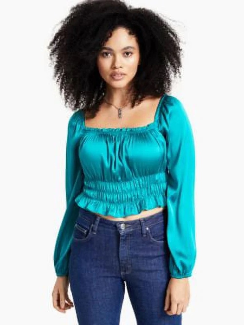Bar III Teal Satin Smocked Peplum Blouse